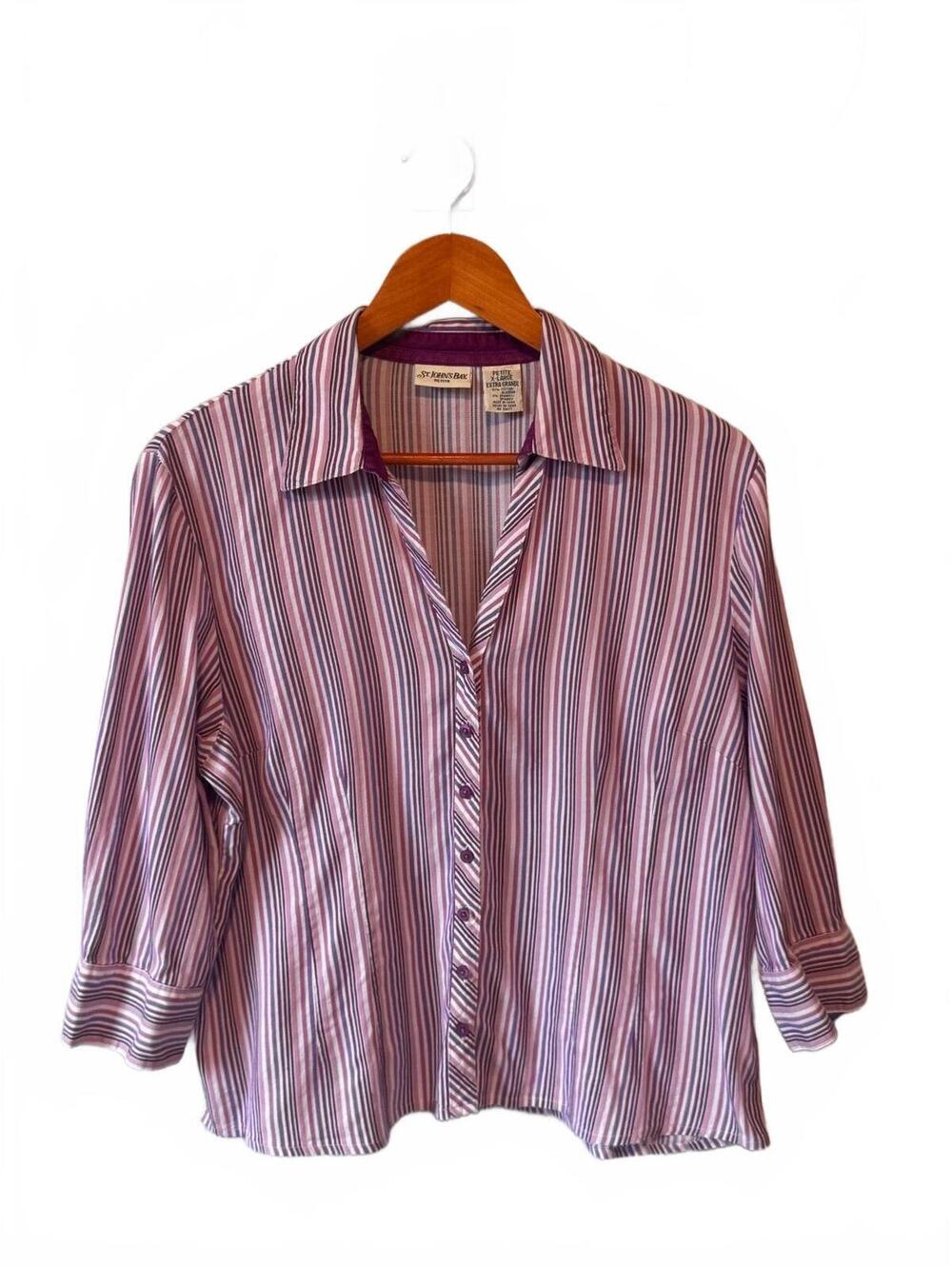 St. John’s Bay Petite Purple Striped Button Up Shirt XL Long Sleeve Cotton